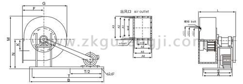 該風(fēng)機重要由葉輪、進風(fēng)口、機殼、傳動部分與C4-73系列排塵離心風(fēng)機安裝尺寸圖